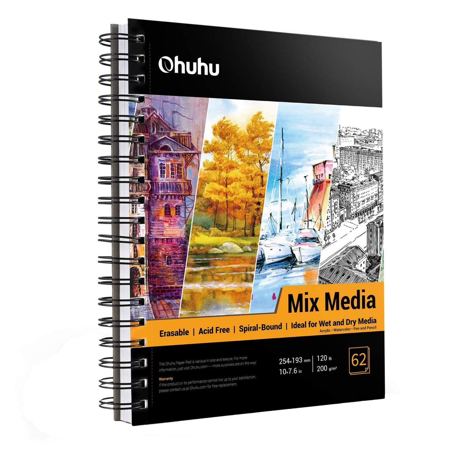 Ohuhu Spiral-Bound Mixed Media Pad for Multiple Techniques, 62 sheets, 254x193mm