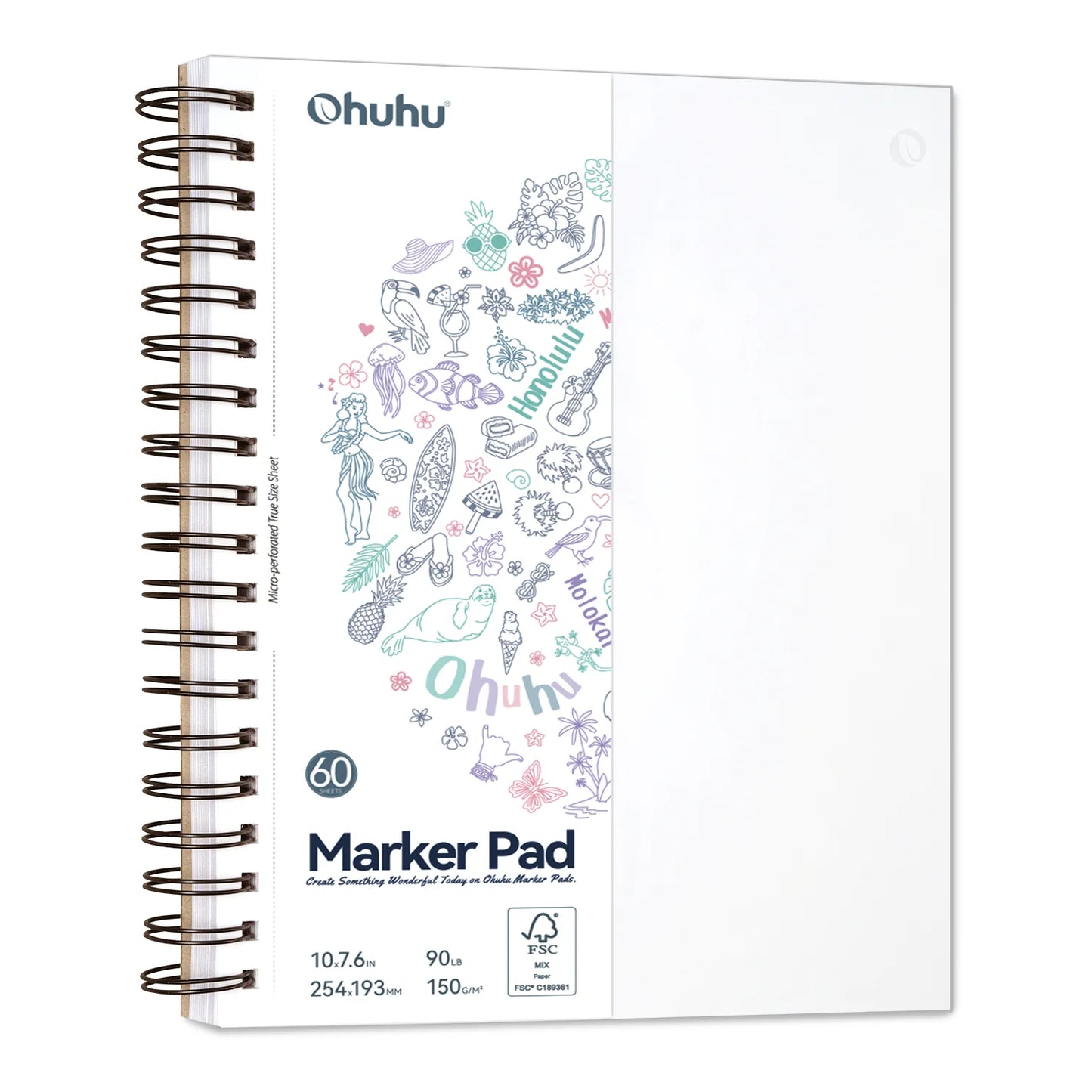 Ohuhu Spiral-Bound Bleedproof Marker Pad, 60 sheets, 254x193mm