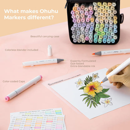 Ohuhu Honolulu "Sweetness" and "Blossoming" 96 Pastel Colours Dual Tip Alcohol Markers