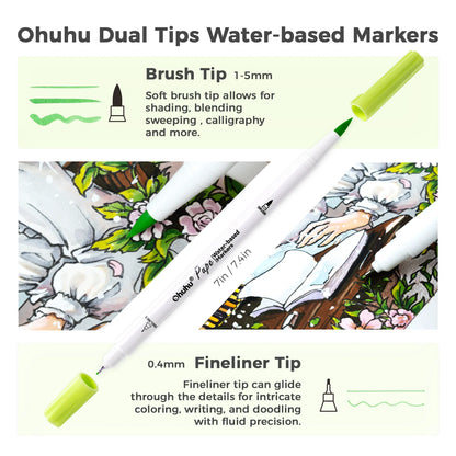 Ohuhu Pupe 60 Colours Paper-Friendly Dual Tip Water Based Art Markers